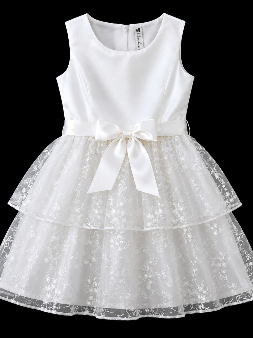 White Satin & Lace Tiered Party Dress with Bow
